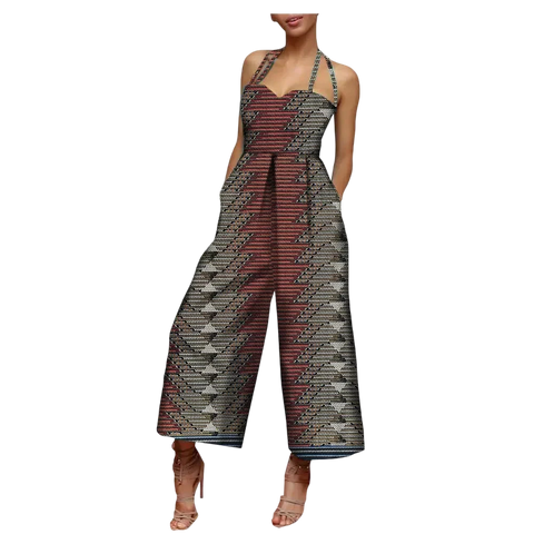 African Print Sleeveless Halter Wide Leg Cotton Jumpsuit W250197