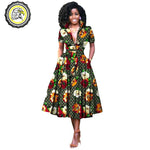 V-Neck High Waist Ankara Print Cotton Dress with Short Sleeves W250127