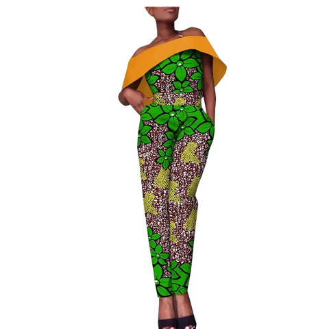Ankara Print Cotton Jumpsuit with Floral Design and Slash Neck W250196