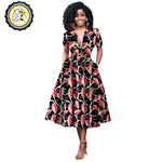 V-Neck High Waist Ankara Print Cotton Dress with Short Sleeves W250127