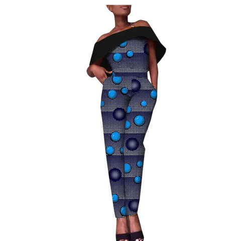 Ankara Print Cotton Jumpsuit with Floral Design and Slash Neck W250196