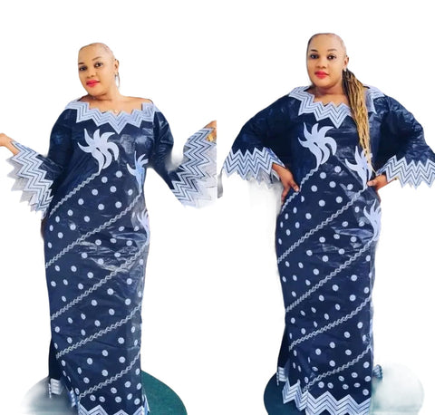 Elegant African Bazin Riche Embroidered Long Dress with Scarf W250128