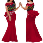 Elegant African Print Pearl Draped Long Dress for Women W250220