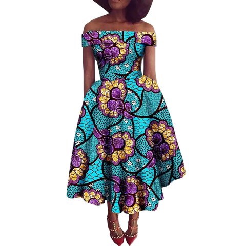 Vibrant Ankara Off-Shoulder Mid-Calf Dress for Women W250200