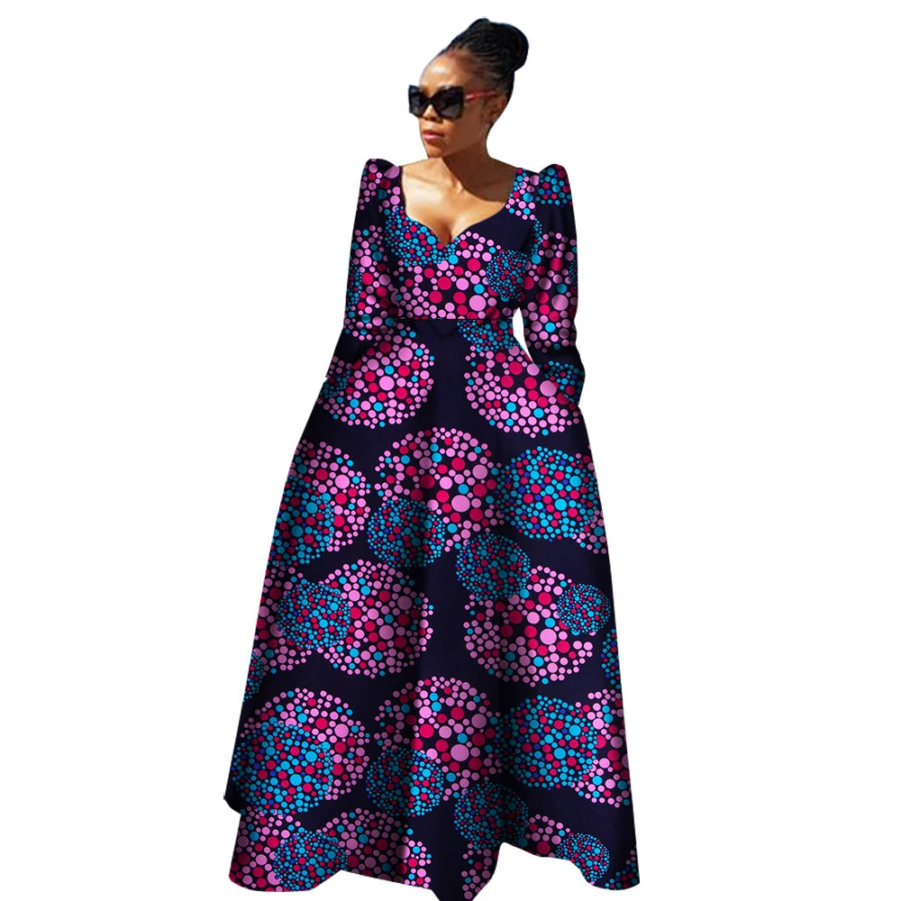 african dresses with long sleeves Kuwaha African Java Print Long Sleeved Maxi Dress, Green