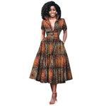 V-Neck High Waist Ankara Print Cotton Dress with Short Sleeves W250127