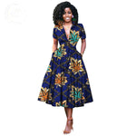 V-Neck High Waist Ankara Print Cotton Dress with Short Sleeves W250127