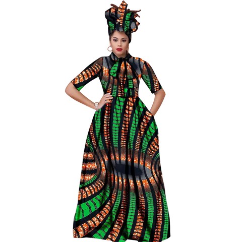Vibrant Ankara Maxi Dress with Headwrap – African Elegance W250210