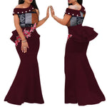 Elegant African Print Pearl Draped Long Dress for Women W250220