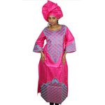 Elegant African Bazin Riche Embroidered Dress with Scarf W250139
