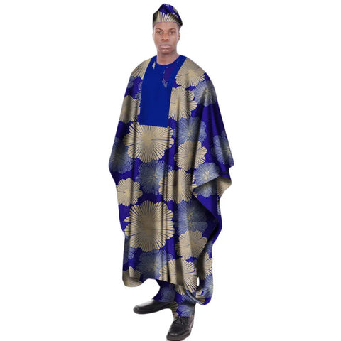 Elegant African Wax Print Dashiki Set for Men – Robe, Pants & Hat M250129