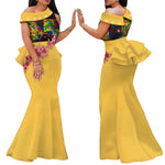 Elegant African Print Pearl Draped Long Dress for Women W250220