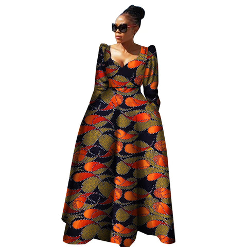 Elegant African Maxi Dress with Full Sleeves & Vibrant Prints W250172