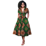 V-Neck High Waist Ankara Print Cotton Dress with Short Sleeves W250127