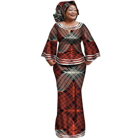 Ankara Print Long Sleeve Top & Skirt Set with Headwrap W250170