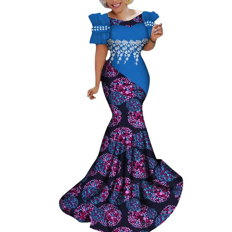 African Print Long Dress with White Pearl Lace & Floral Detailing W250229