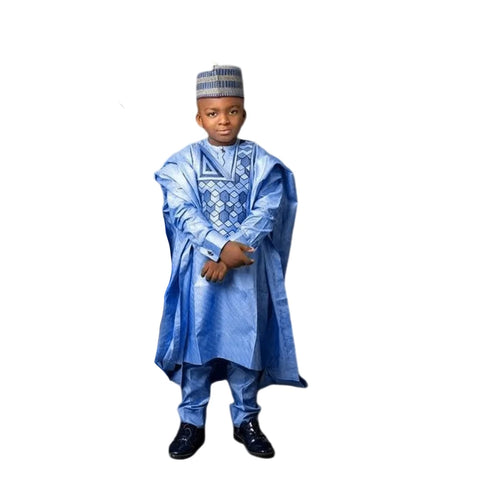 Blue Embroidered Dashiki Set for Boys – 3 Piece African Outfit K250176