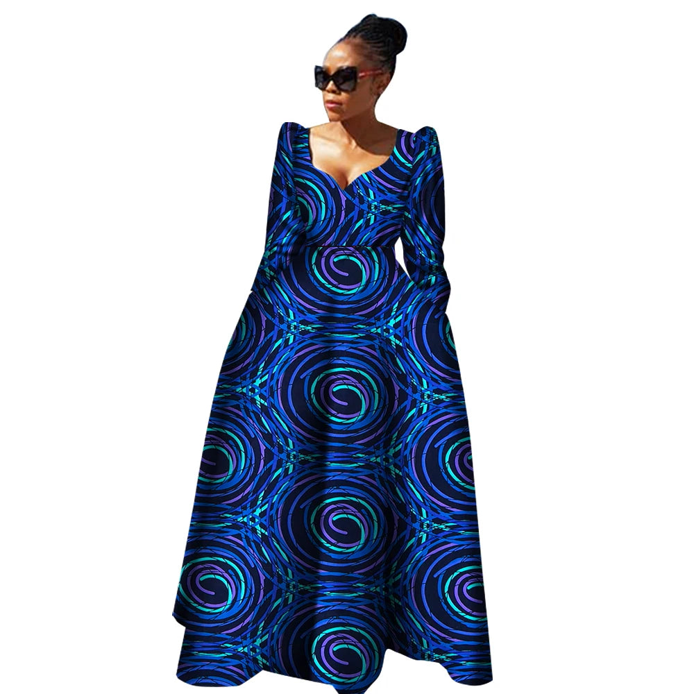Elegant African Maxi Dress with Full Sleeves & Vibrant Prints W250172 Afrinspiration Elegant African Maxi Dress with Full Sleeves & Vibrant Prints W250172 Afrinspiration