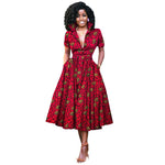 V-Neck High Waist Ankara Print Cotton Dress with Short Sleeves W250127