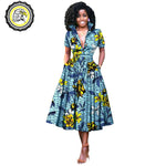 V-Neck High Waist Ankara Print Cotton Dress with Short Sleeves W250127